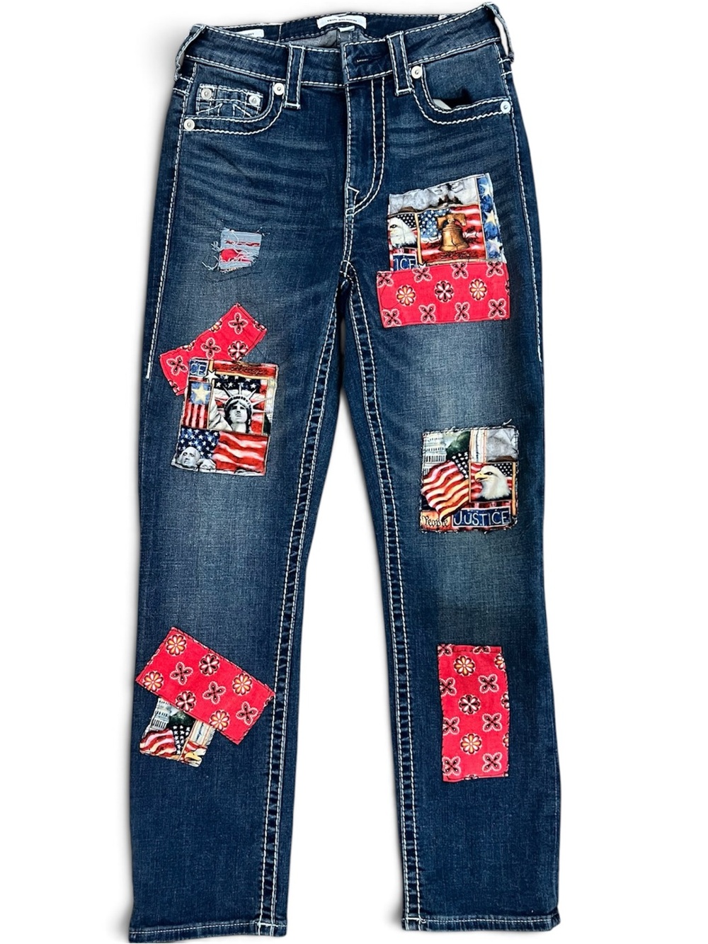 True Religion Jennie Curvy Skinny Jeans Red Bandana USA Patches Size 27W